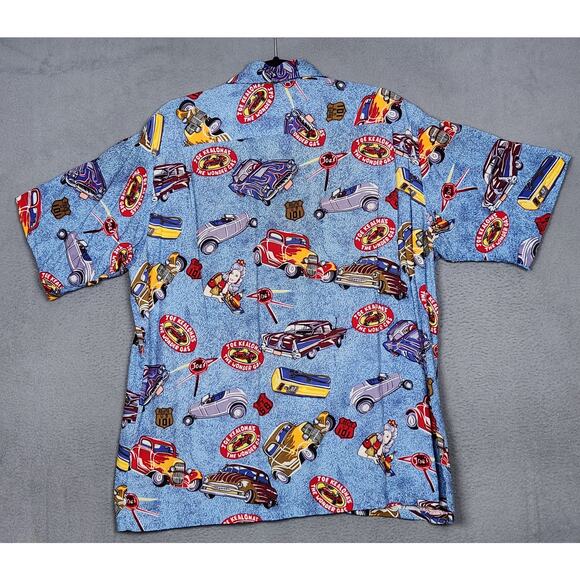 REYN SPOONER Hawaiian Shirt Mens Large Blue Classic Cars The Wonder Gas Route 66 - Picture 2 of 14